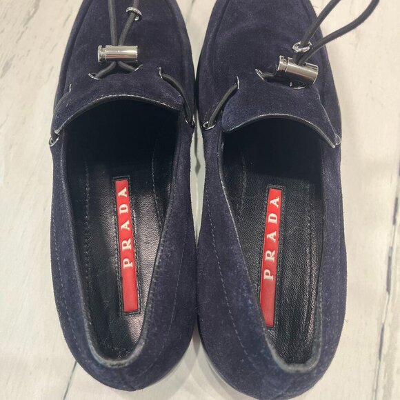 Prada Calzature Donna Blue Suede Toggle Vintage Driving Shoes #3D5244 Sz: 37 - Picture 8 of 10
